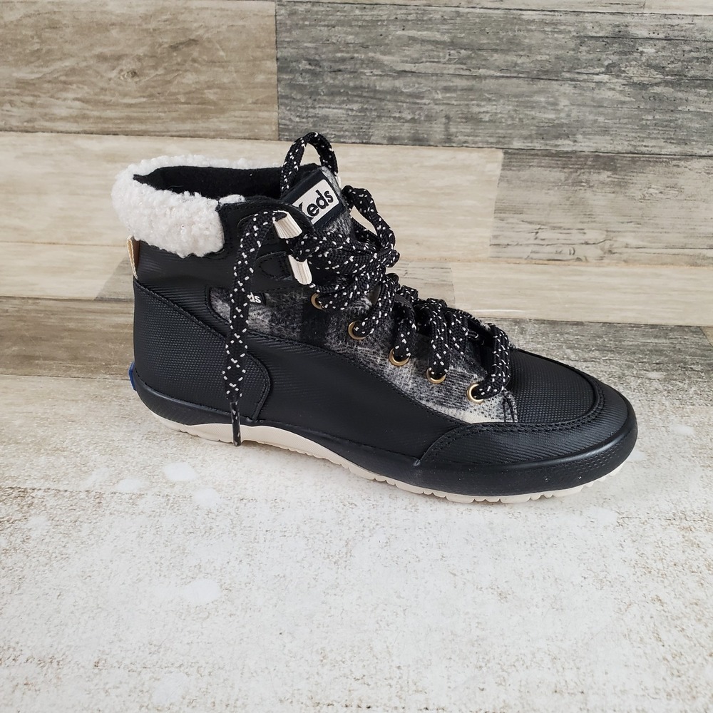 Keds Scout IV Splash Womens Boots Sz 5 Black Canvas Faux-Fur Lace-Up Mid-Top